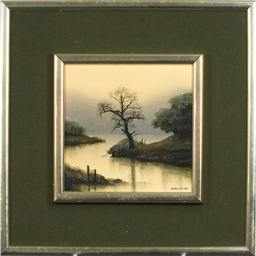 164 - Michael Hill 1986 - Trees beside water, pair of oil on boards, mounted and framed, each 16.5cm x 16.... 