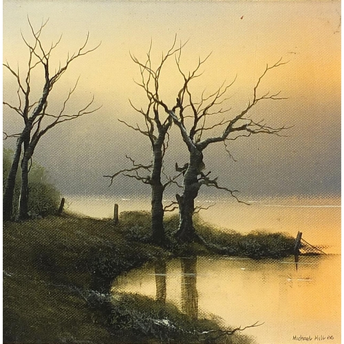 164 - Michael Hill 1986 - Trees beside water, pair of oil on boards, mounted and framed, each 16.5cm x 16.... 