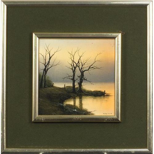 164 - Michael Hill 1986 - Trees beside water, pair of oil on boards, mounted and framed, each 16.5cm x 16.... 