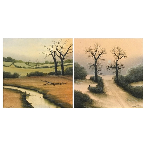 166 - Michael Hill 1986 - Trees beside a river and one other, two oil on boards, mounted and framed, each ... 