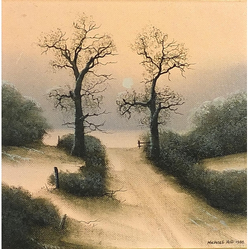 166 - Michael Hill 1986 - Trees beside a river and one other, two oil on boards, mounted and framed, each ... 