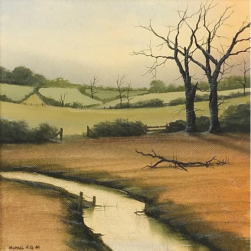 166 - Michael Hill 1986 - Trees beside a river and one other, two oil on boards, mounted and framed, each ... 