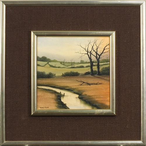 166 - Michael Hill 1986 - Trees beside a river and one other, two oil on boards, mounted and framed, each ... 