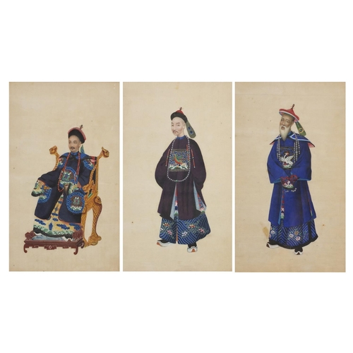 973A - Emperor and attendants, set of three Chinese watercolours on pith paper, framed and glazed, each 24.... 