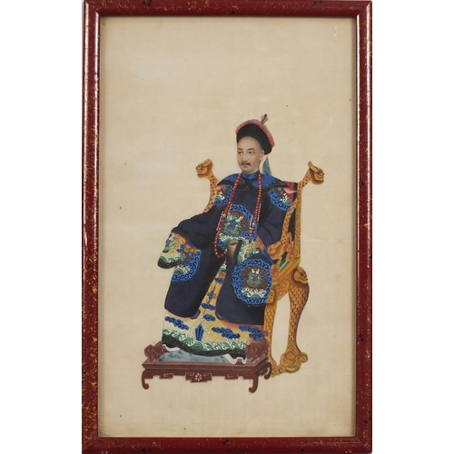 973A - Emperor and attendants, set of three Chinese watercolours on pith paper, framed and glazed, each 24.... 