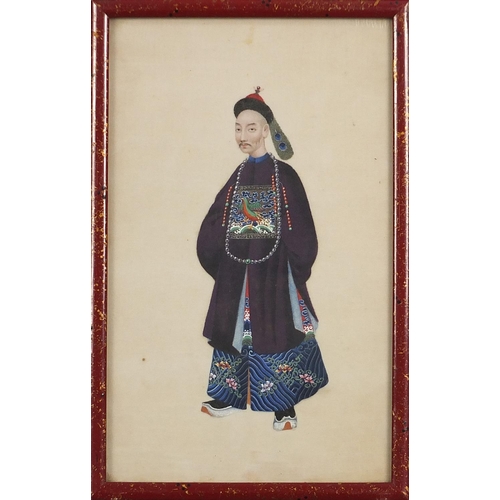 973A - Emperor and attendants, set of three Chinese watercolours on pith paper, framed and glazed, each 24.... 