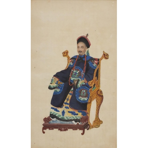 973A - Emperor and attendants, set of three Chinese watercolours on pith paper, framed and glazed, each 24.... 