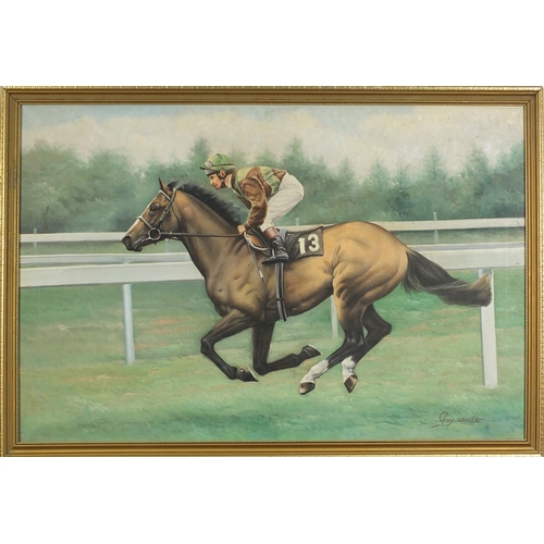 301 - Guy Woods - Willie Carson on Petoski, horse racing interest oil on canvas, framed, 90cm x 59.5cm exc... 