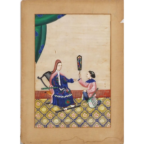 572 - Empress with attendant, Chinese watercolour on paper, mounted, unframed, 30cm x 20cm excluding the m... 