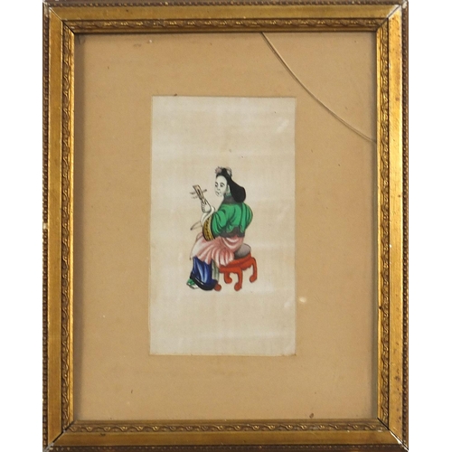 974 - Young musician, Chinese watercolour on pith paper, mounted, framed and glazed, 15cm x 8cm excluding ... 