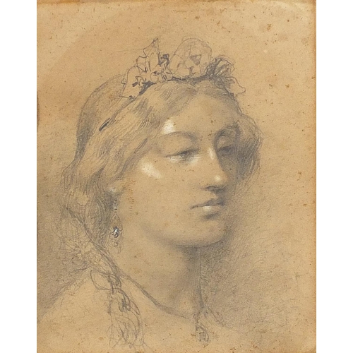 875 - Portrait of young female, Pre-Raphaelite school pencil on paper, mounted and framed, 21cm x 16.5cm e... 