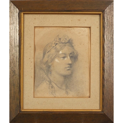 875 - Portrait of young female, Pre-Raphaelite school pencil on paper, mounted and framed, 21cm x 16.5cm e... 