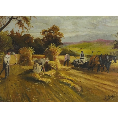 535 - Harvest scene, early 20th century oil on board, indistinctly signed, mounted, framed and glazed, 38c... 