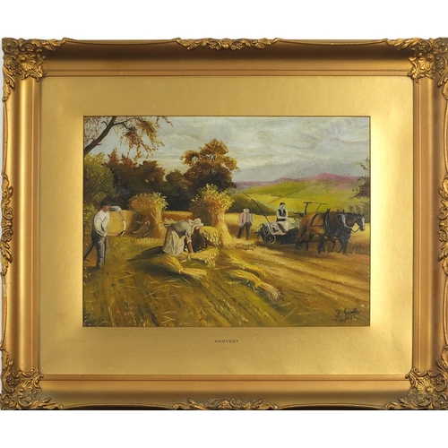 535 - Harvest scene, early 20th century oil on board, indistinctly signed, mounted, framed and glazed, 38c... 