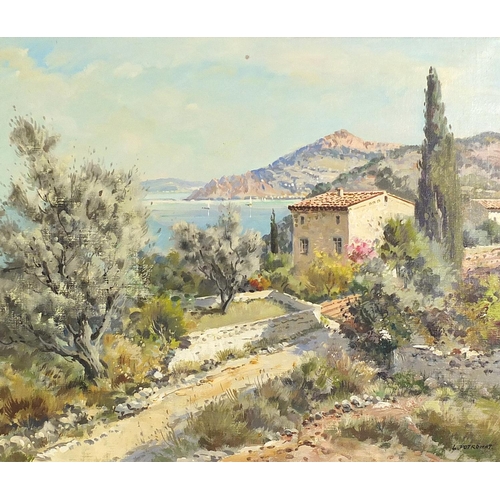 615 - Lucien Potronat - Le Chemin Blanc Cote D'Azur French Riviera, oil on canvas, gallery label to revers... 