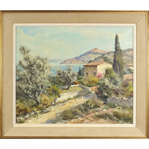 615 - Lucien Potronat - Le Chemin Blanc Cote D'Azur French Riviera, oil on canvas, gallery label to revers... 