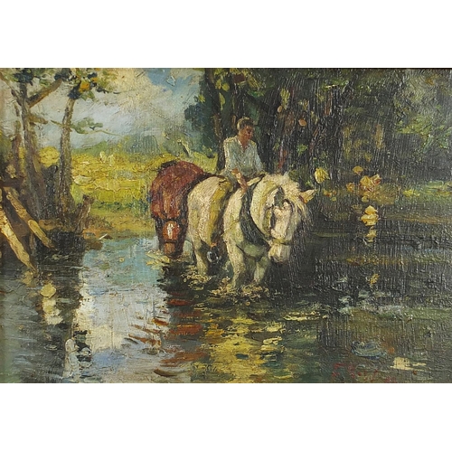 194 - Figure on horseback walking in water, oil on board, framed, 30.5cm x 21cm excluding the frame