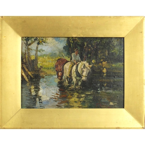 194 - Figure on horseback walking in water, oil on board, framed, 30.5cm x 21cm excluding the frame