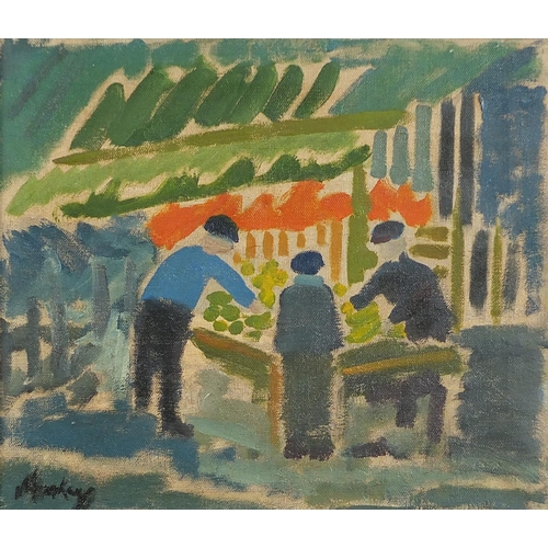 1018 - Manner of Markey Robinson - Figures by a market stall, Irish school oil on canvas, mounted and frame... 