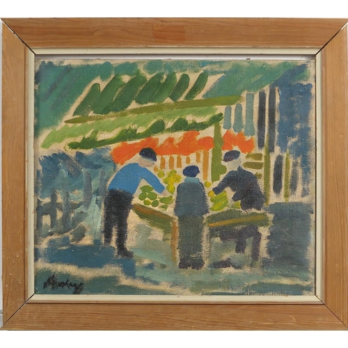 1018 - Manner of Markey Robinson - Figures by a market stall, Irish school oil on canvas, mounted and frame... 