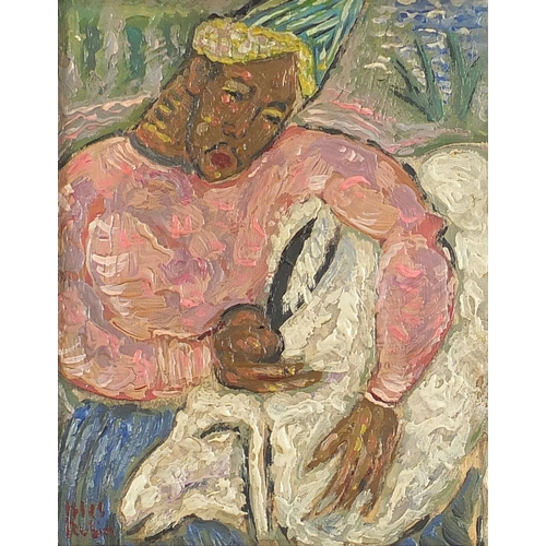 298 - Manner of Reuven Rubin - Gentleman shearing a sheep, Middle Eastern school oil on board, mounted and... 