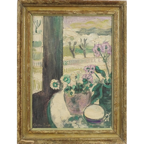 192 - After Anne Redpath - Still life flowers before a window with landscape, oil on canvas, framed, 34.5c... 