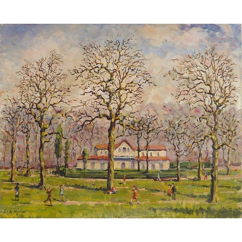 1014 - Manner of C A Mellon - Figures in a park, oil on canvas, unframed, 41cm x 33cm