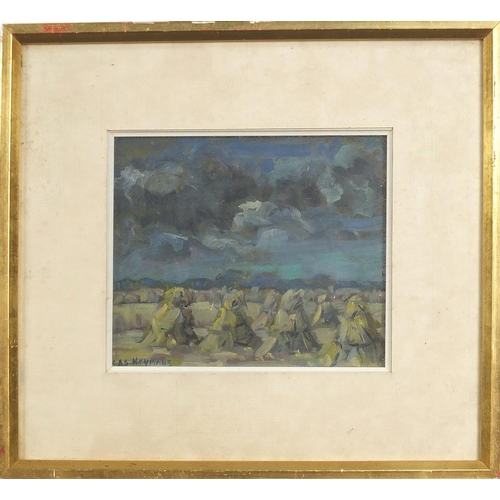 338 - Bas Heymans - Hayricks, oil, inscribed verso, mounted, framed and glazed, 19.5cm x 17cm excluding th... 