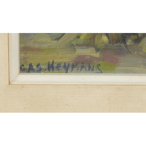 338 - Bas Heymans - Hayricks, oil, inscribed verso, mounted, framed and glazed, 19.5cm x 17cm excluding th... 