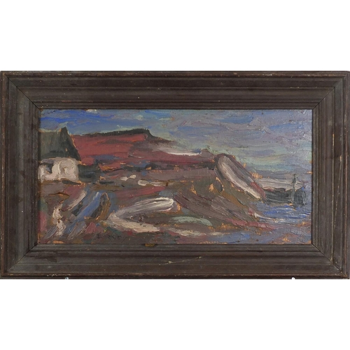 451 - Cottage by the water with moored boat, impasto oil on board, mounted and framed, 45cm x 22cm excludi... 