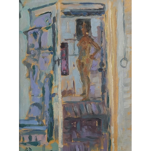 448 - Manner of Bernard Dunstan - Standing nude female by doorway, Camden school oil on board, framed, 39c... 