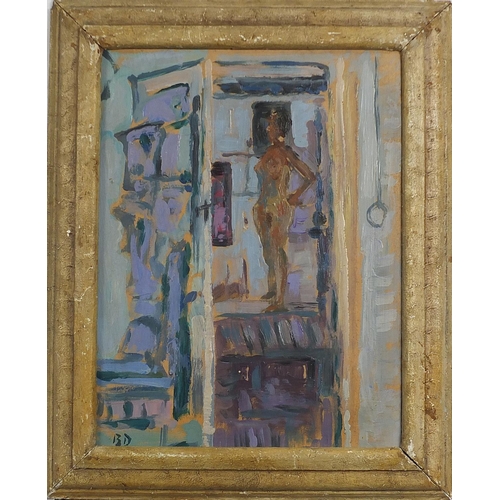 448 - Manner of Bernard Dunstan - Standing nude female by doorway, Camden school oil on board, framed, 39c... 