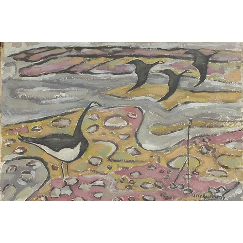 490 - Coastal scene with birds, oil on canvas, mounted and framed, 36cm x 23.5cm excluding the mount and f... 