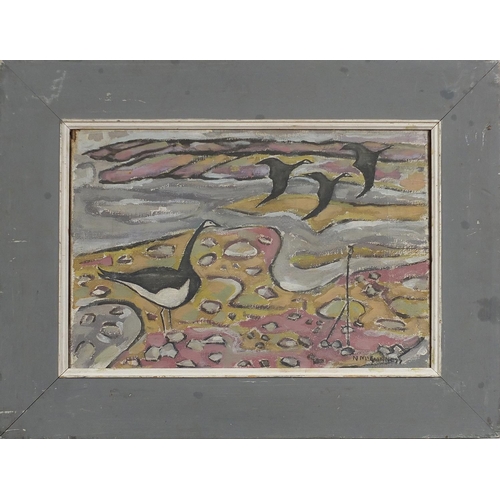 490 - Coastal scene with birds, oil on canvas, mounted and framed, 36cm x 23.5cm excluding the mount and f... 