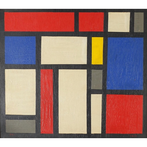 487 - After Piet Mondrian - Abstract composition, geometric shapes, oil on board, framed, 42cm x 37cm excl... 