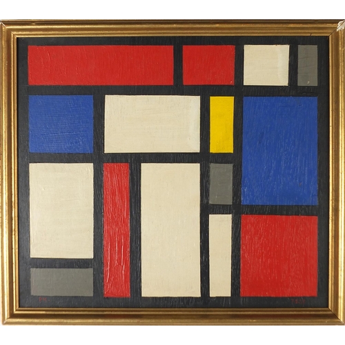 487 - After Piet Mondrian - Abstract composition, geometric shapes, oil on board, framed, 42cm x 37cm excl... 