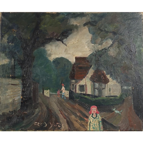 412 - Manner of Jack Butler Yeats - Primitive village scene, oil on canvas, unframed, 60.5cm x 51cm