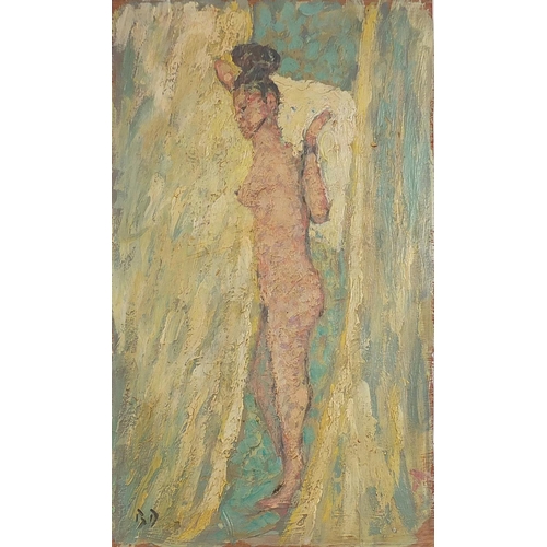 416 - Manner of Bernard Dunstan - Standing nude female, Camden school oil on board, unframed, 60cm x 35.5c... 