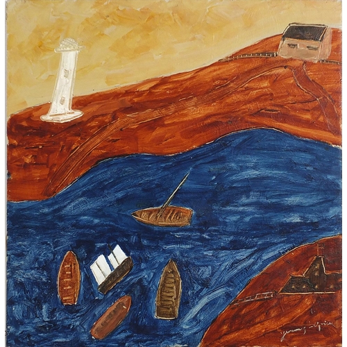 165 - Manner of Jeremy Legrice - Boats on water, Newlyn school oil on board, unframed, 39.5cm x 38cm