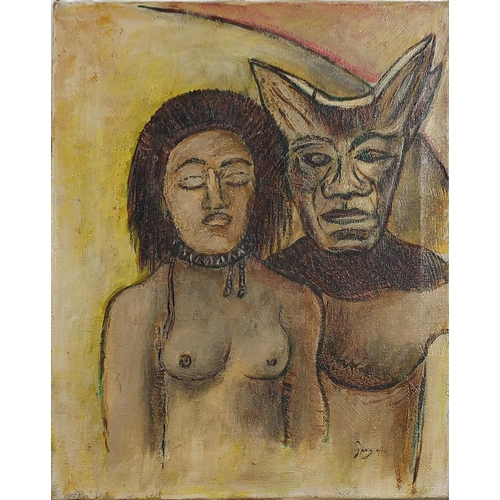 163 - After Paul Gauguin - Two tribal figures, oil on canvas, unframed, 50cm x 40cm