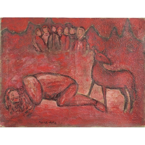 414 - Sleeping nude female with animal, oil on canvas, unframed, 61cm x 46cm