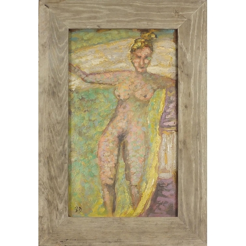 1053 - Manner of Bernard Dunstan - Standing nude female, Camden school oil on board, framed, 57.5cm 32.5cm ... 