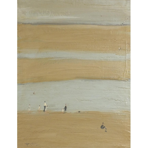 876 - Figures on a beach, coastal scene, oil on canvas, mounted and framed, 59.5cm x 49cm excluding the mo... 