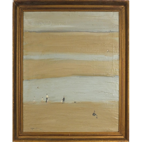 876 - Figures on a beach, coastal scene, oil on canvas, mounted and framed, 59.5cm x 49cm excluding the mo... 