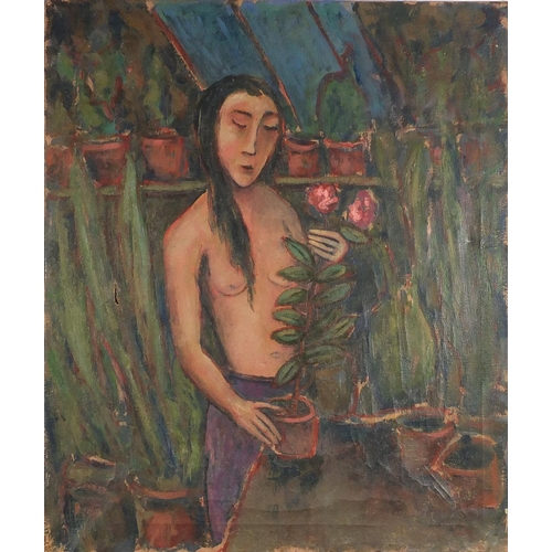 844 - Girl in a greenhouse, oil on canvas, unframed, 76.5cm x 63.5cm