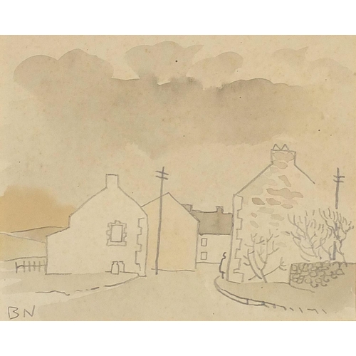 339 - Village scene, pencil and watercolour, mounted, framed and glazed, 14.5cm x 11.5cm excluding the mou... 