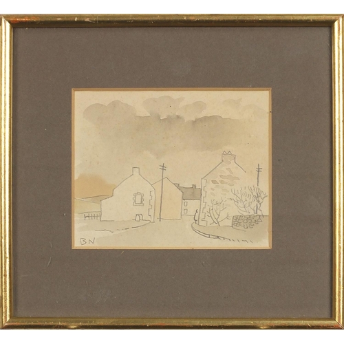 339 - Village scene, pencil and watercolour, mounted, framed and glazed, 14.5cm x 11.5cm excluding the mou... 