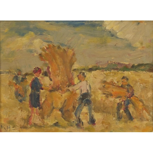 570 - Haymaking, oil on board, stamp verso, mounted and framed, 23cm x 16cm excluding the mount and frame