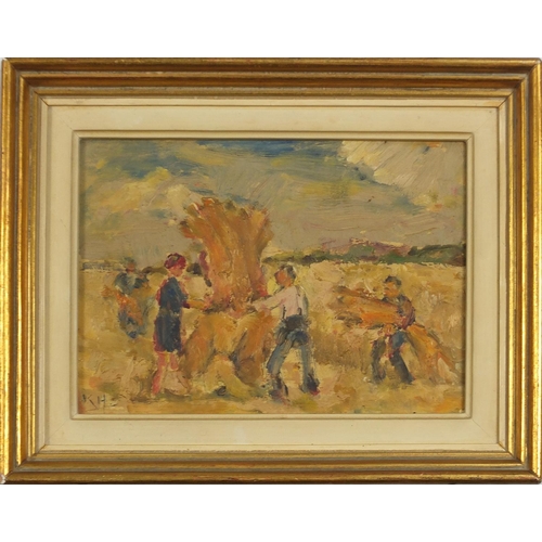 570 - Haymaking, oil on board, stamp verso, mounted and framed, 23cm x 16cm excluding the mount and frame