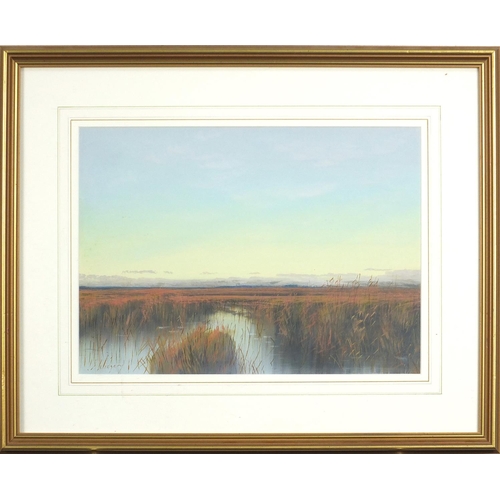 763 - Marshland, gouache, mounted, framed and glazed, 33.5cm x 24cm excluding the mount and frame